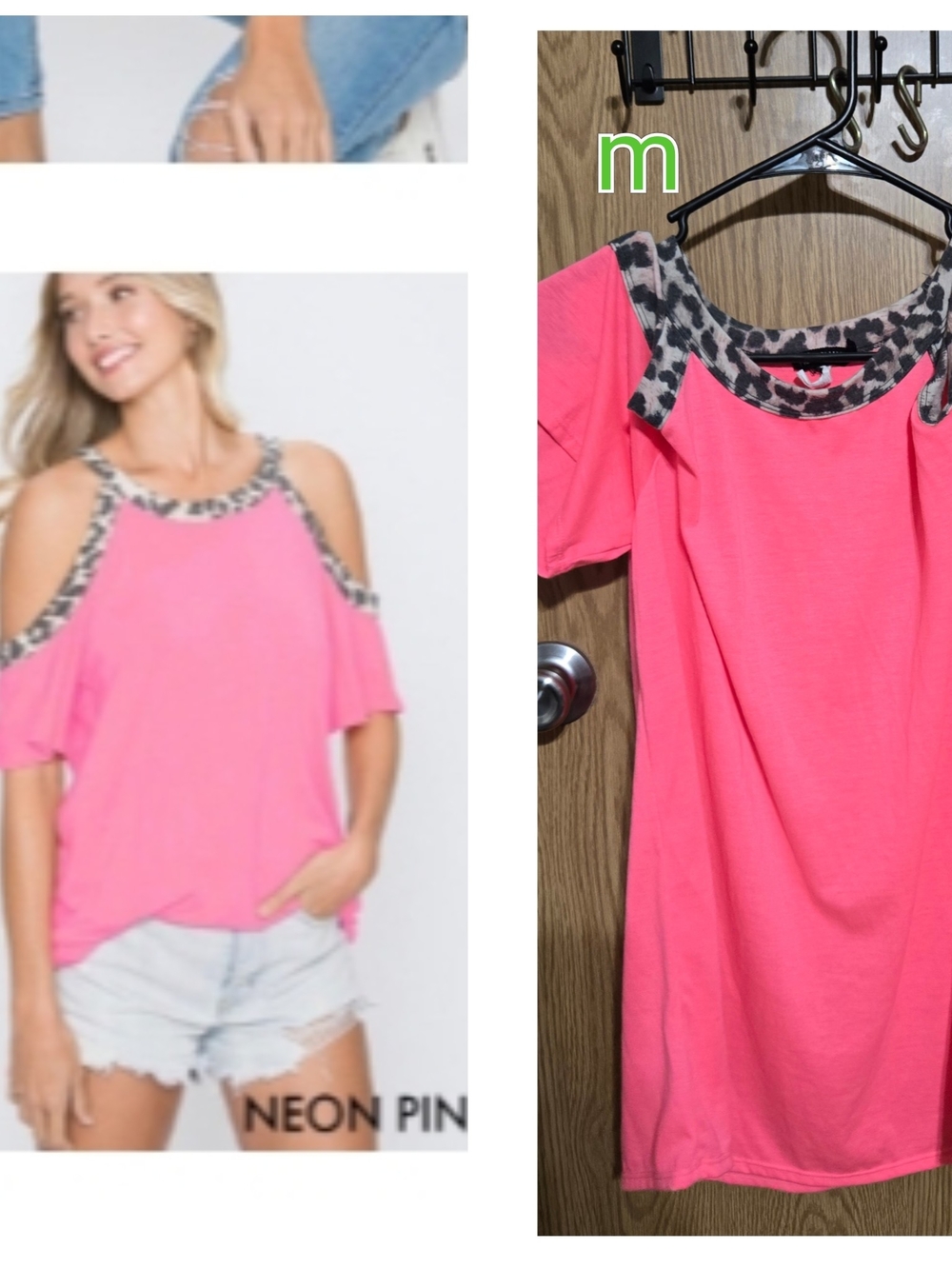 Neon Pink Cold-Shoulder Tee with Leopard-Trim